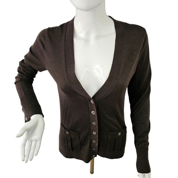 Halogen Laine Wool V Neck Cardigan Sweater Hip Pockets Women S Chocolate Brown - Picture 2 of 10